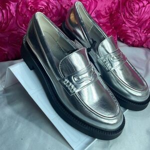 (E) Zara metallic Penny loafers, women's size 37/6.5 USA, retro style, Y2K